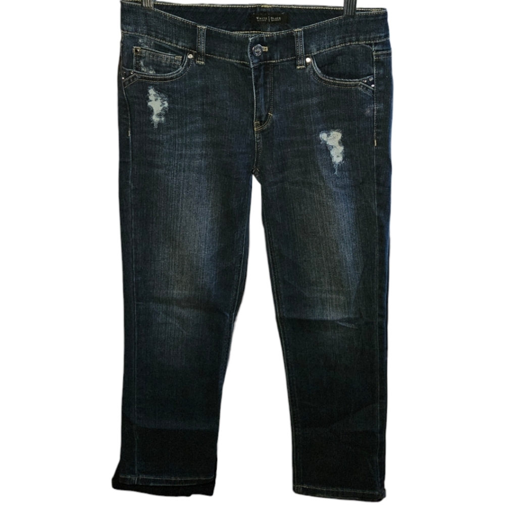 WHBM Slim Crop Distressed Dark Wash Gemstone Pocket Jeans